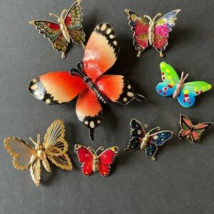 LOT OF 8- 1970s VintageBrooch Lapel Pins Butterfly Glitter Enamel Gold Tone